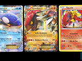 three different pokemon cards are shown on a black background
