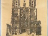 an old drawing of a cathedral with a clock on the front