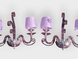 purple glass wall sconces with purple shades on them against a white background