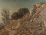 une peinture accrochée au mur d'un immeuble, avec une montagne en arrière-plan