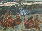 painting of a group of people sitting on a beach under an umbrella
