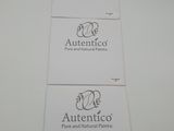 three white business cards with the logos of autentico and pure and natural paints