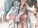 un tableau représentant un groupe de personnes alignées