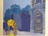 illustration of a yellow cat standing in front of a tall building