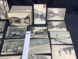 several old black and white photographs of people skiing and snowboarding