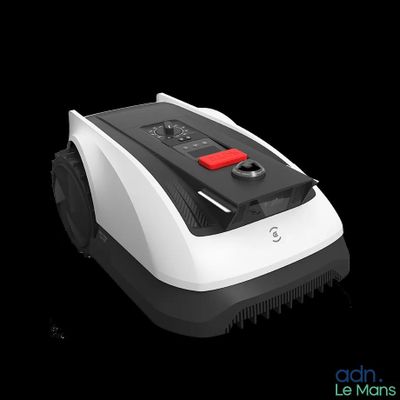 Un aspirateur robot est représenté sur un fond noir