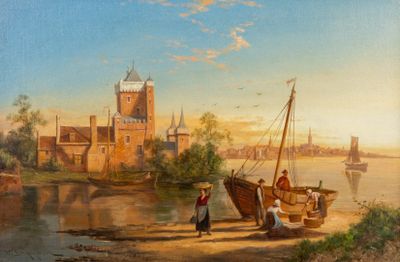 un tableau représentant un bateau sur l'eau près d'un château