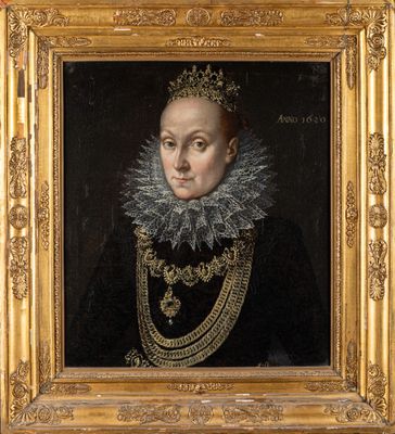 a painting of a woman in a black dress with a gold chain around her neck