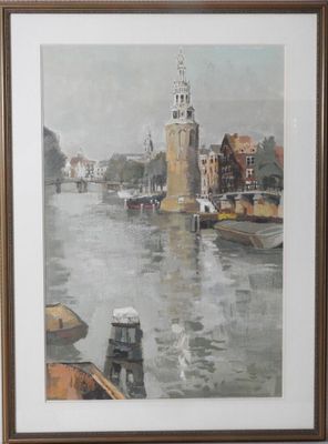 tableau représentant une scène fluviale avec une tour horloge en arrière-plan