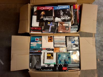 une boîte en carton remplie de DVD et de CD posée par terre