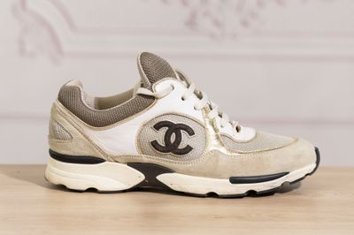 a close up of a pair of sneakers on a table
