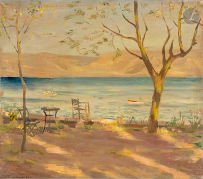 painting of a painting of a beach scene with a boat in the distance