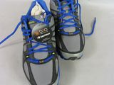 pair of gray and blue running shoes with blue laces