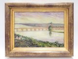 une peinture à l'huile représentant un pont sur une rivière avec un château à l'arrière-plan