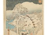 un tableau représentant un paysage enneigé avec une maison et des arbres