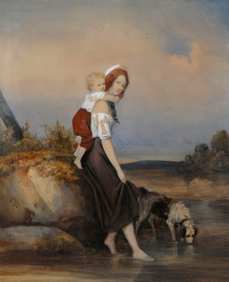 tableau représentant une femme avec un enfant et un chien au bord d'une rivière