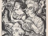 dessin en noir et blanc représentant un groupe de personnes assises autour d'une table