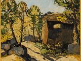an image of a painting of rocks and trees in a wooded area
