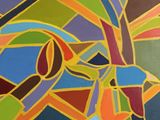 painting of a giraffe in a colorful abstract pattern on a wall