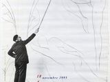 an old poster of a man holding a kite in front of a white background