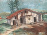 painting of an old house with a red roof and a dirt road
