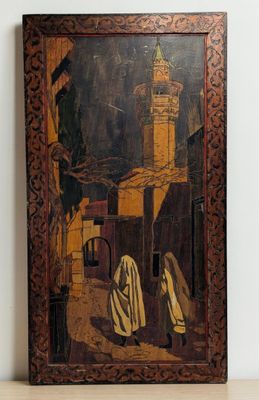 an old painting of two women walking down a street with a clock tower in the background