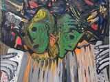 an oil painting of two green masks on a table with books