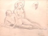 dessin représentant une femme assise par terre à côté d'un homme tenant un cerf-volant