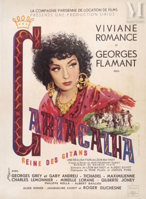 an old movie poster with a woman in a red dress and gold earrings