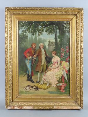 un vieux tableau représentant un homme et une femme assis sur un banc
