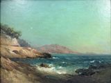 an oil painting of a rocky beach with waves crashing on the shore