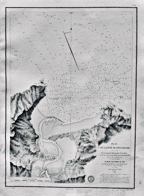 an old black and white map of a lake with a plane flying over it
