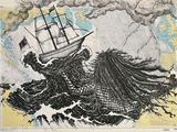 a drawing of a ship in the middle of the ocean