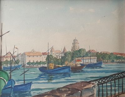 a painting of boats on the water in a harbor