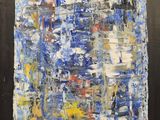 un tableau représentant un tableau bleu et blanc, peint avec de la peinture rouge, jaune et bleue