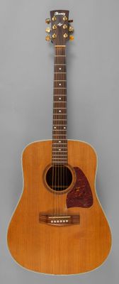 une image représentant une guitare en bois sur fond gris