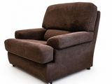 the chair is made of brown fabric and has a wooden legs