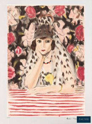 tableau représentant une femme assise à une table, avec des fleurs en arrière-plan