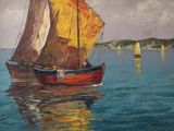 a painting of a sailboat in the water with yellow sails