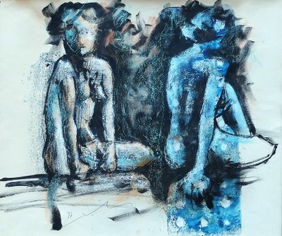 a painting of two people sitting next to each other