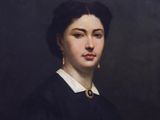 a painting of a woman in a black dress with a white collar