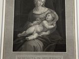 une vieille gravure représentant une femme tenant un bébé sur ses genoux