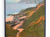 an oil painting of a view of a beach and hills