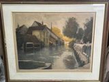painting of a river scene with a boat in the foreground