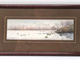 tableau représentant une scène hivernale avec des oies dans un paysage enneigé