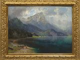 une peinture à l'huile représentant une scène de montagne avec un lac au premier plan