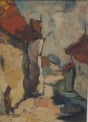 une peinture à l'huile représentant une personne marchant dans la rue avec un parapluie