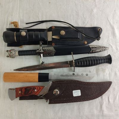 several different types of knives are lined up on a table