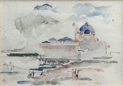 une aquarelle représentant un bâtiment sur la plage