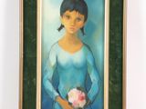 tableau représentant une femme en robe bleue tenant un bouquet de fleurs